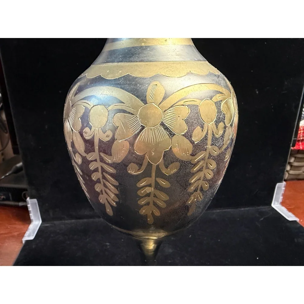 Vintage Etched‎ Solid Brass Vase Made in India Ruffled Rim Floral Design 10 Inch